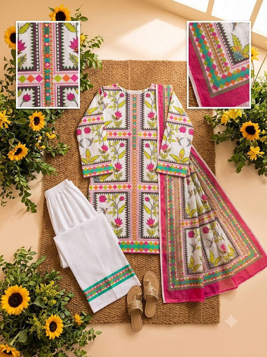 Premium Swiss Lawn 3-Piece Geometric & Floral Printed Suit β White & Pink