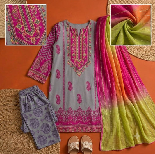 Premium Swiss Lawn 3-Piece Paisley Printed Suit with Tricolor Dupatta β Slate Gray & Magenta