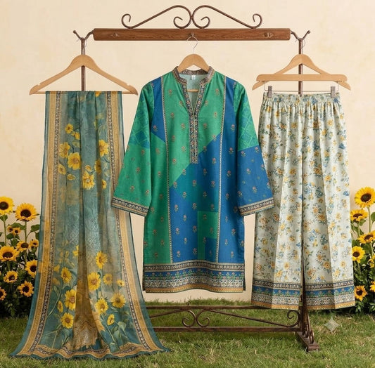 Premium Swiss Lawn 3-Piece Floral Printed Suit with Chiffon Dupatta β Blue & Green