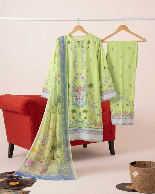 Premium Swiss Lawn 3-Piece Oasis Printed Suit with Dupatta β Lime Green & Powder Blue