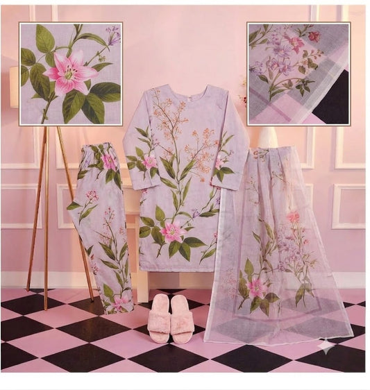 Premium Swiss Lawn 3-Piece Floral Printed Suit β Soft Lilac & Pink