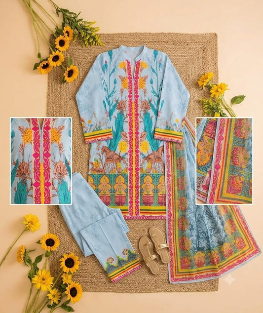 Premium Swiss Lawn 3-Piece Floral & Scenic Printed Suit β Pastel Blue & Pink