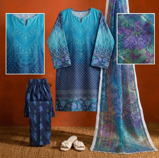Premium Swiss Lawn 3-Piece Indigo & Turquoise Chunri Printed Suit with Dupatta