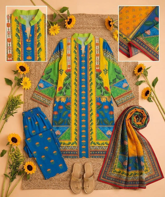 Premium Swiss Lawn 3-Piece Floral & Block Print Suit β Royal Blue, Yellow & Green