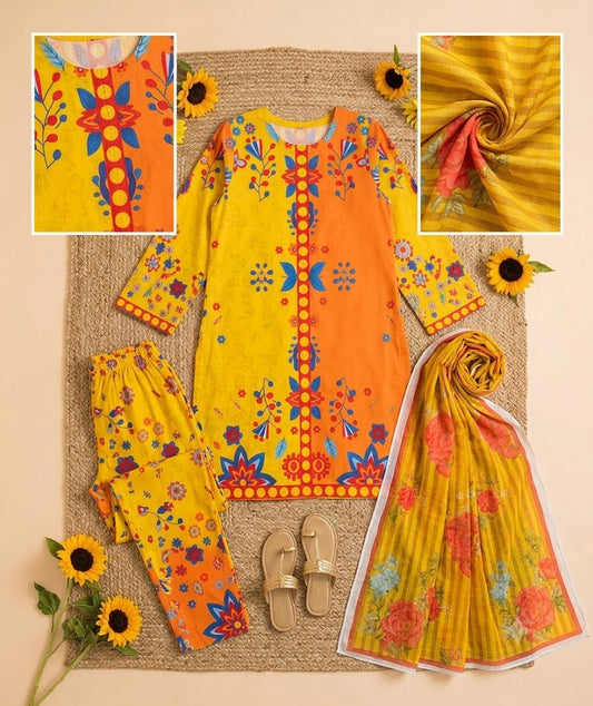 Premium Swiss Lawn 3-Piece Floral & Geometric Printed Suit β Mustard Yellow & Orange