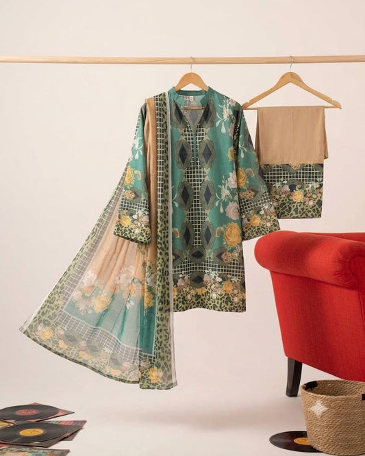 Premium Swiss Lawn 3-Piece Geometric & Floral Printed Suit β Sage Green & Beige