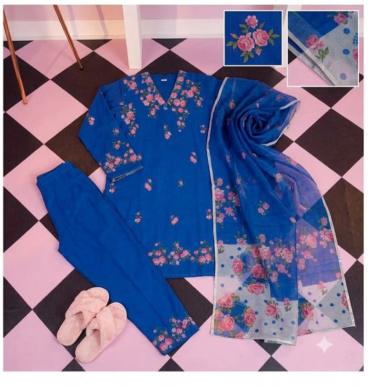 Premium Swiss Lawn 3-Piece Floral Printed Suit β Royal Blue & Pink
