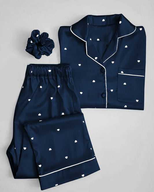 Sweetheart Satin Pajama Set | Luxury Printed Nightwear with Matching Scrunchie