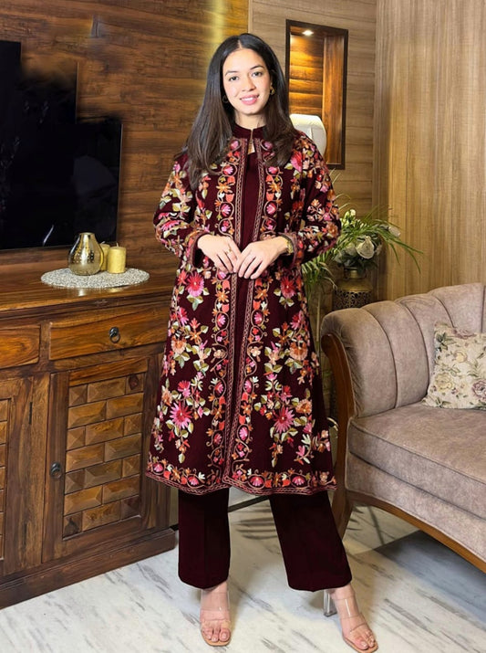 3-Piece Full Heavy Embroidered Shamose Silk Gown Set with Inner & Trouser