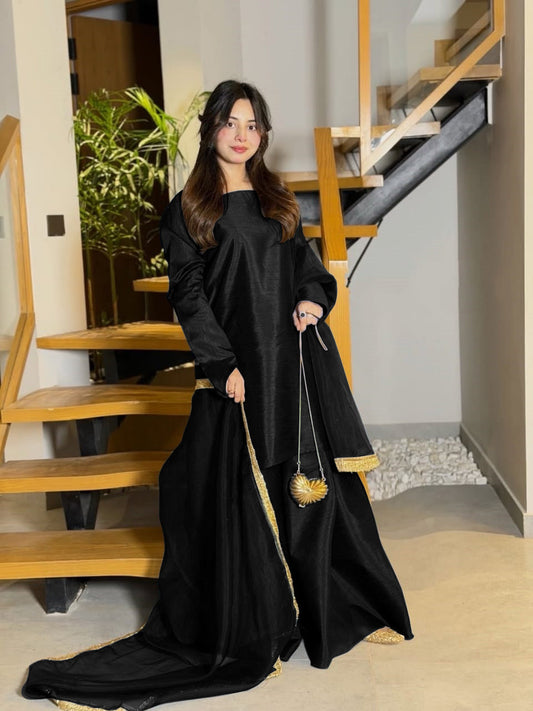Premium China Silk Long Sleeves Shirt with Flared Sharara & Organza Lace Dupatta Set – 3-Piece