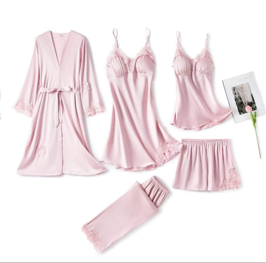 Luxurious 5-Piece Satin Silk Bridal Nightwear Set