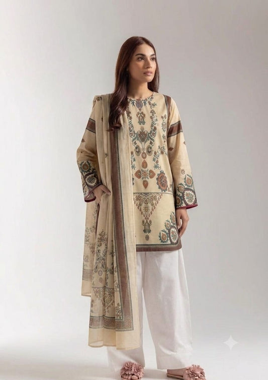 Premium Swiss Lawn 3-Piece Ethnic Printed Kurti & Farshi Shalwar β Cream Beige & Rust