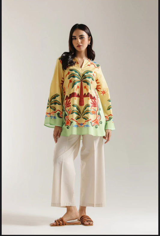 Tropical Palm Printed Lawn Tunic with Farshi Shalwar β 2 Piece
