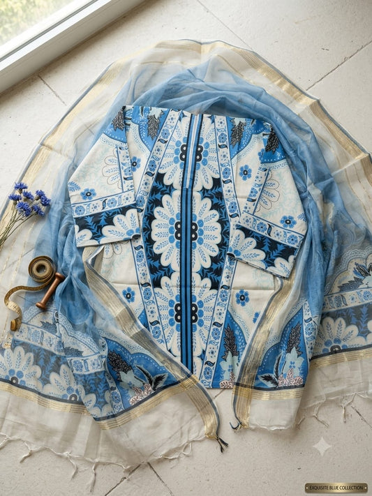 Indigo Blue & Cream Printed Lawn Suit with Dupatta β 3 Piece