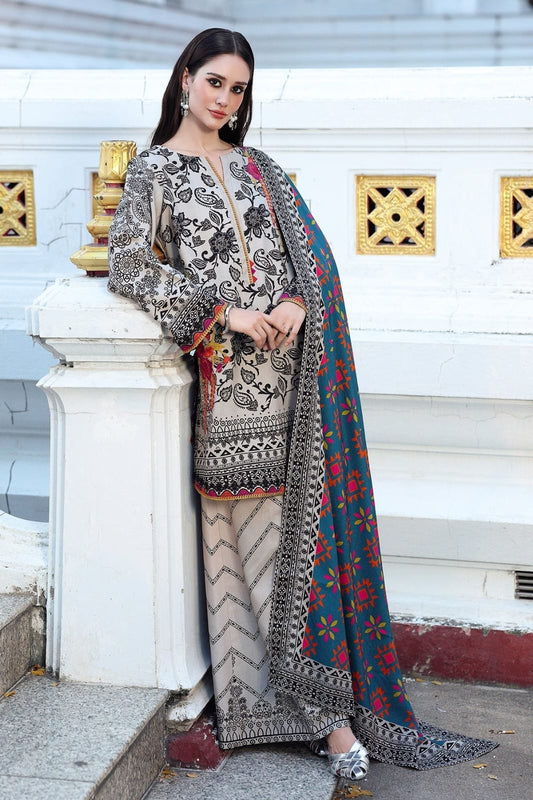Grey Monochrome Floral & Paisley Printed Lawn Suit with Teal Dupatta β 3 Piece