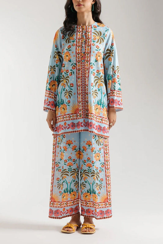 Powder Blue Tropical Palm Printed Lawn Suit with Dupatta β 3 Piece