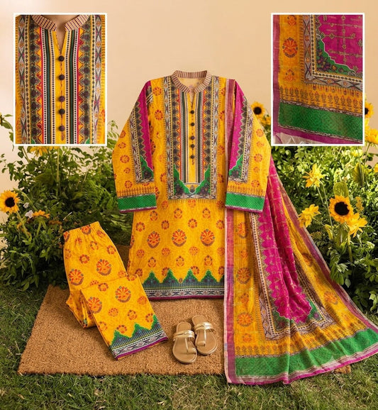 Premium Swiss Lawn 3-Piece Floral & Geometric Printed Suit β Mustard Yellow & Magenta