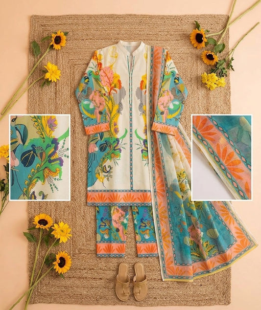 Premium Swiss Lawn 3-Piece Floral & Tropical Printed Suit β Off-White & Teal