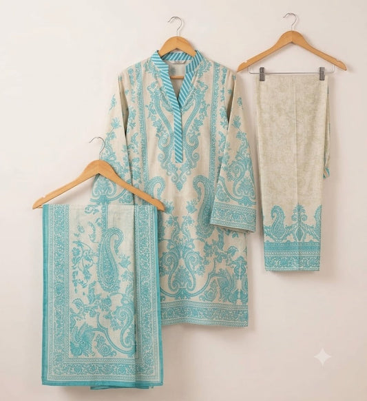 Premium Swiss Lawn 3-Piece Baroque Paisley Printed Suit β Ivory & Turquoise