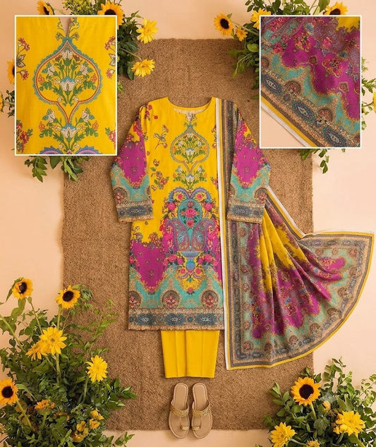 Premium Swiss Lawn 3-Piece Paisley & Floral Printed Suit β Mustard Yellow & Magenta