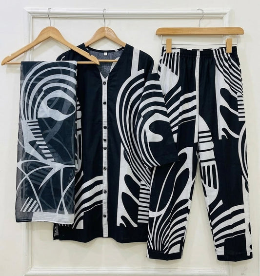 Premium Swiss Lawn 3-Piece Monochrome Abstract Printed Suit β Black & White
