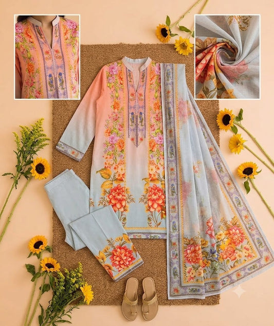 Premium Swiss Lawn 3-Piece Floral Printed Suit with OmbrΓ© Gradient β Pastel Peach & Gray