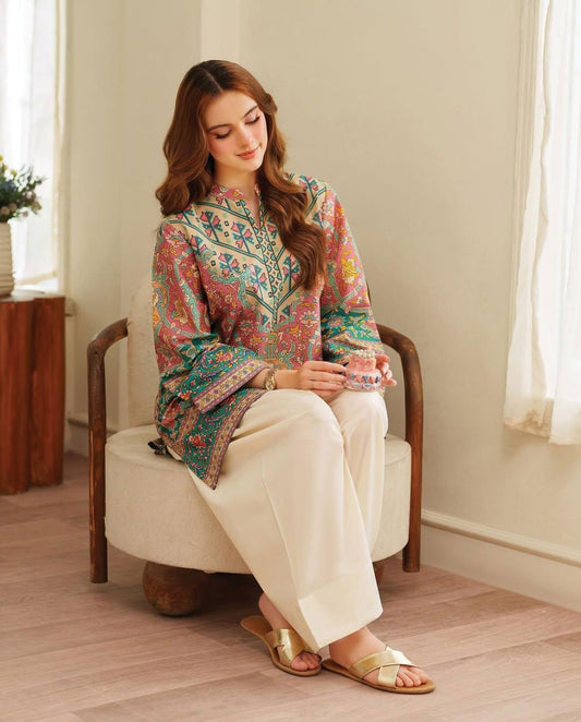 Teal & Coral Floral Medallion Printed Kurta & Farshi - Ethnic Summer Lawn