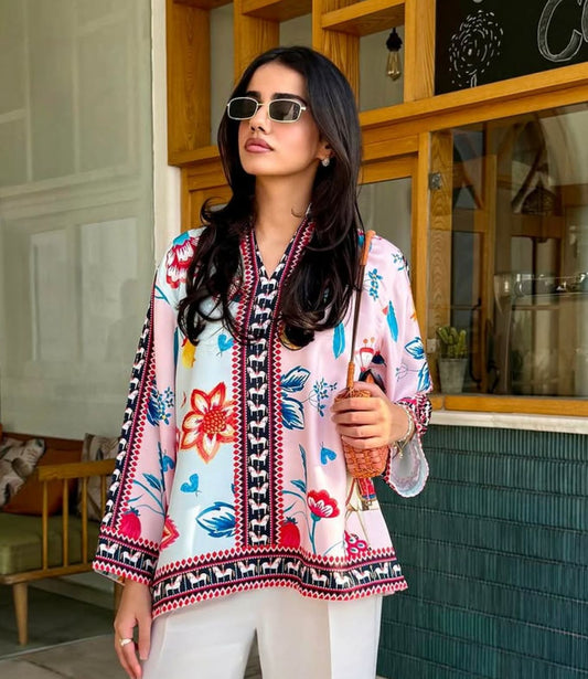 Dual-Tone Pink & Powder Blue Floral Printed Tunic with Farshi Shalwar β 2 Piece