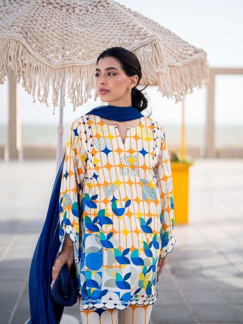 BREÈ- Vibrant Azure & Citrus Geometric Lawn Printed 3-Piece Suit