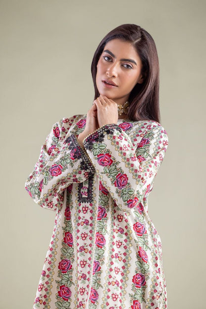 Floral Printed Kurta with Elegant White Farshi Shalwar