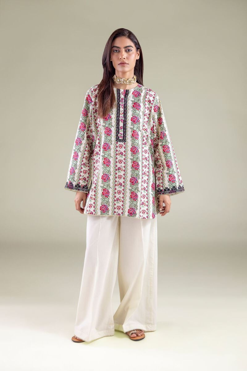 Floral Printed Kurta with Elegant White Farshi Shalwar