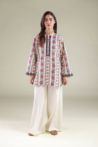 Floral Printed Kurta with Elegant White Farshi Shalwar