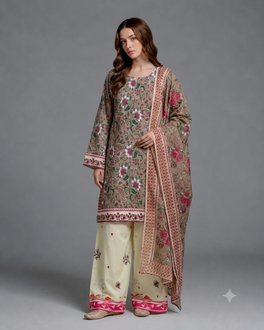 Earthy Taupe & Pink Vintage Floral Lawn Printed 3-Piece Suit