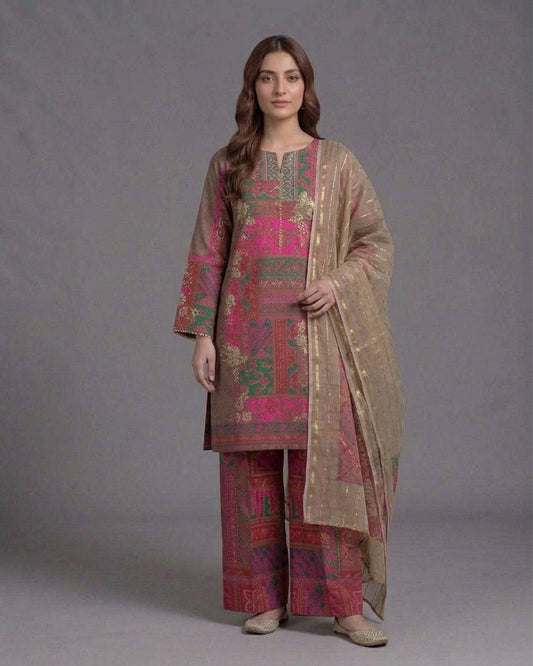 Muted Mocha & Magenta Printed Lawn 3-Piece Suit