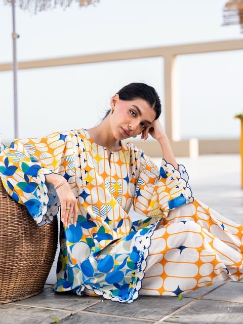 BREÈ- Vibrant Azure & Citrus Geometric Lawn Printed 3-Piece Suit