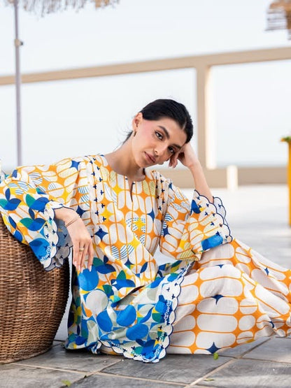 BREÈ- Vibrant Azure & Citrus Geometric Lawn Printed 3-Piece Suit
