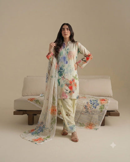 Pastel Watercolor Floral Lawn Printed 3-Piece Suit