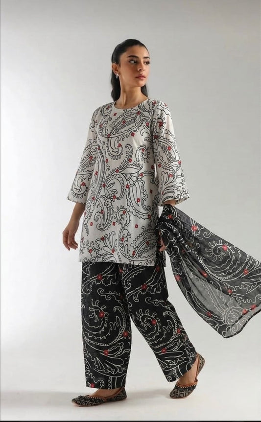 Monochrome Paisley Lawn Printed 3-Piece Suit
