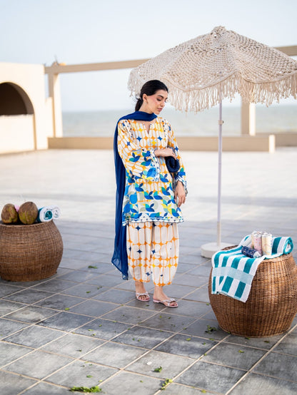 BREÈ- Vibrant Azure & Citrus Geometric Lawn Printed 3-Piece Suit