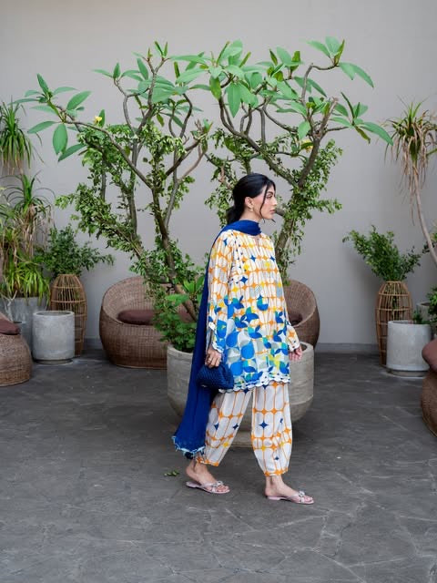 BREÈ- Vibrant Azure & Citrus Geometric Lawn Printed 3-Piece Suit
