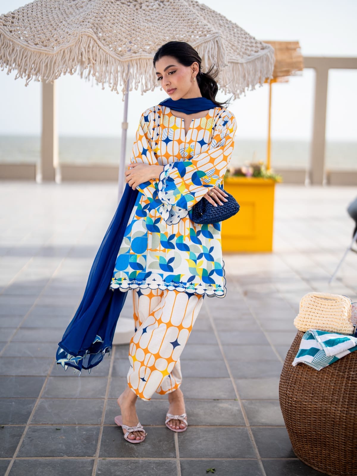 BREÈ- Vibrant Azure & Citrus Geometric Lawn Printed 3-Piece Suit
