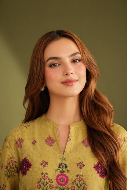 Mustard Floral Printed Kurta with Farshi Shalwar for Women | Elegant Casual & Festive Wear