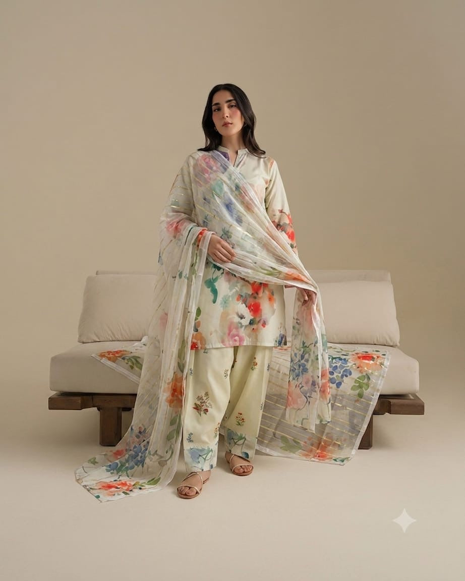Pastel Watercolor Floral Lawn Printed 3-Piece Suit