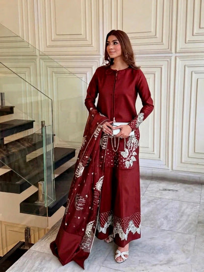 Elegance Personified — 3-Piece Pure China Raw Silk Suit with Heavy Sequence Embroidery