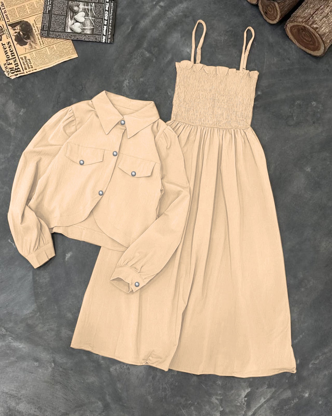 Monochrome Garden Party Set: Smocked Cami Maxi + Cropped Button-Down