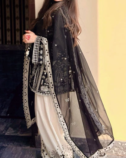 Onyx Starfall Scallop-Trim Embroidered 3-Piece Shalwar Set