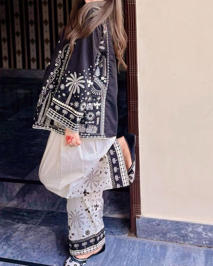 Onyx Starfall Scallop-Trim Embroidered 3-Piece Shalwar Set