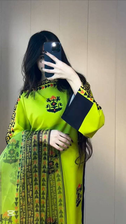 Electric Lime Folk-Art Tunic & Dupatta Set