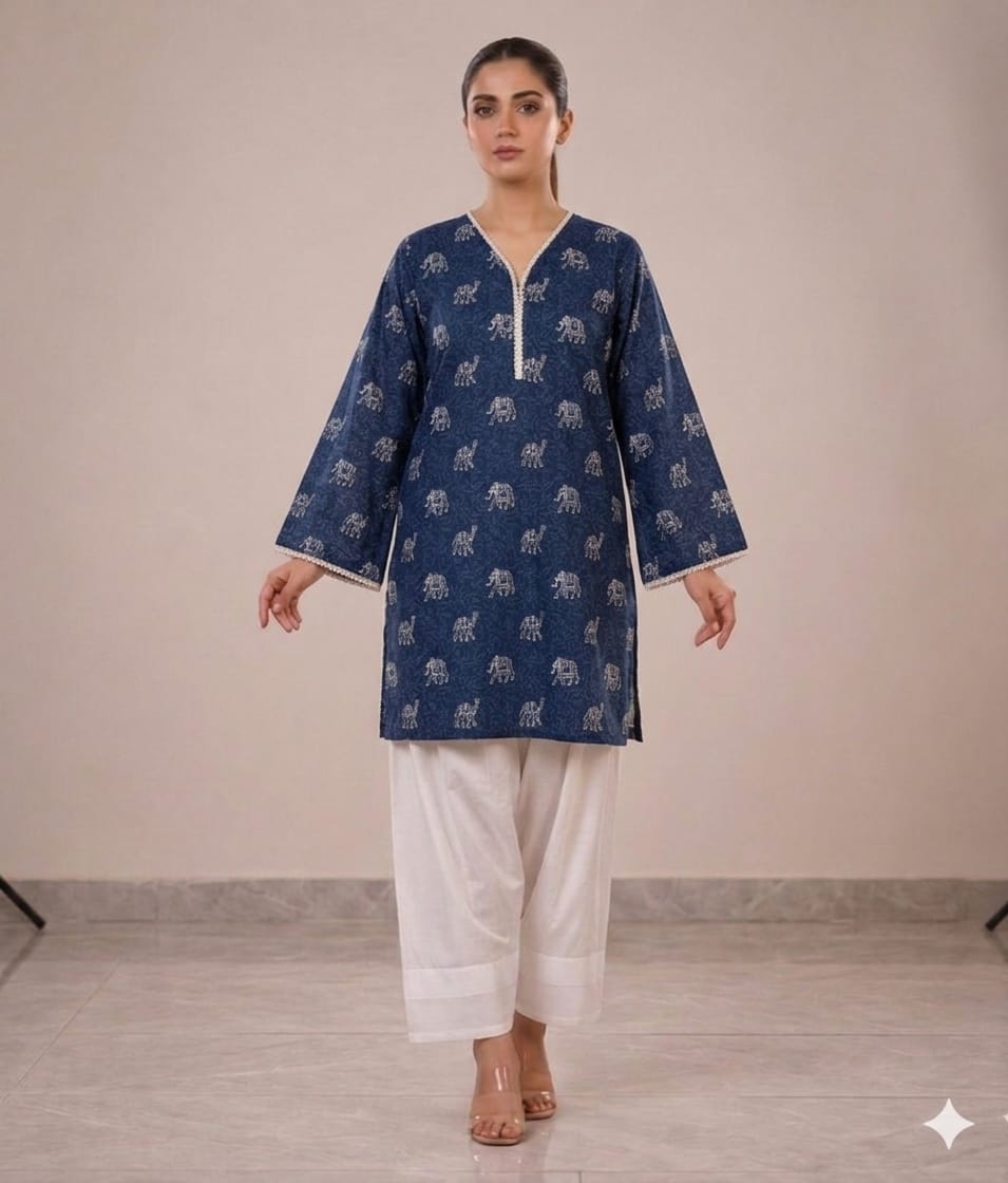 Indigo Elephant Print Kurta with White Farshi Shalwar