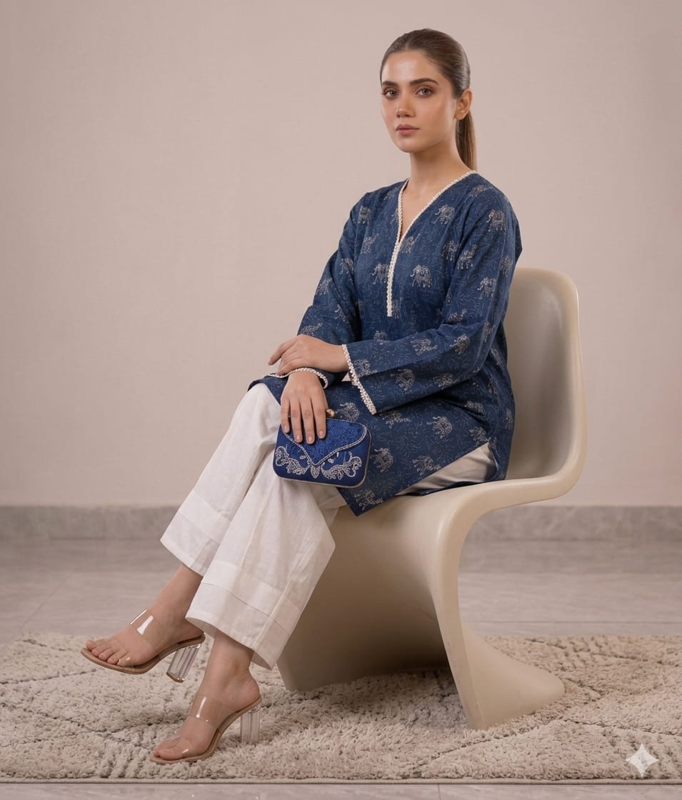 Indigo Elephant Print Kurta with White Farshi Shalwar